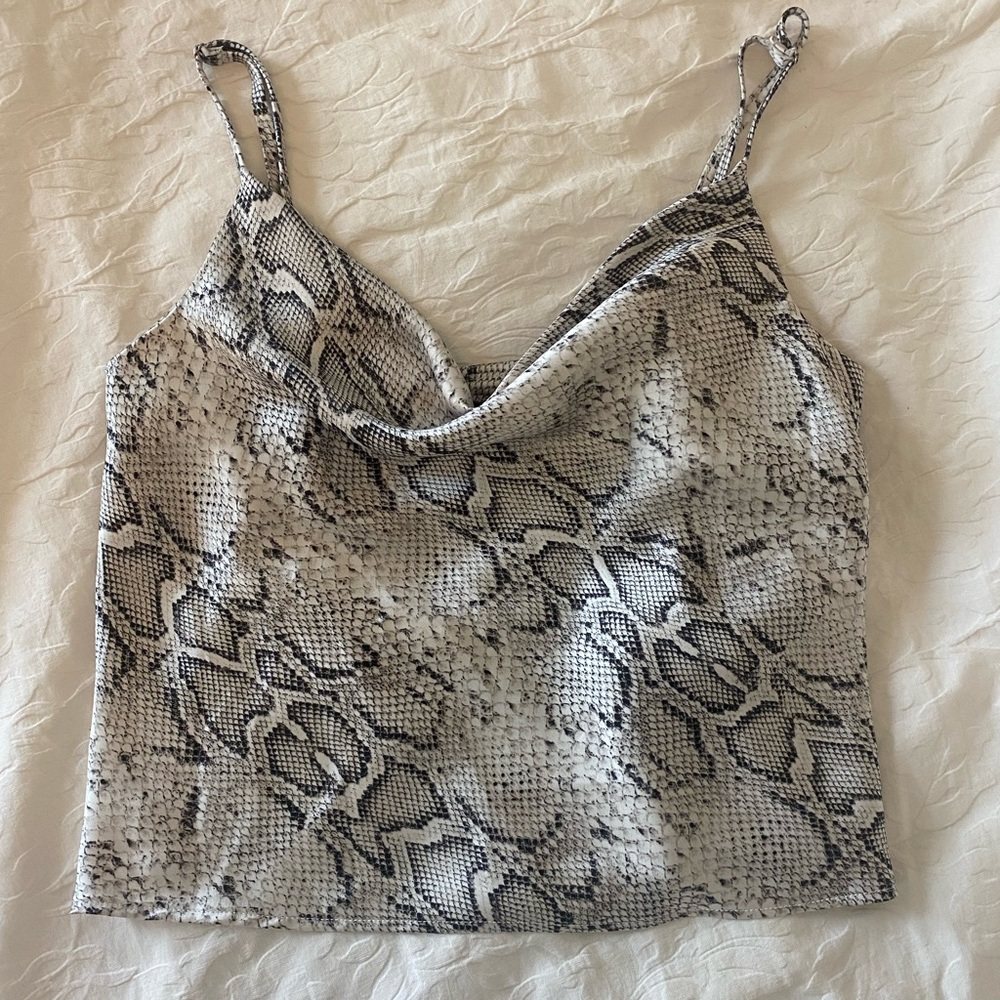Snake skin tank with adjustable straps and a cowl neck